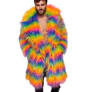 FURROCIOUS FURR Men’s Faux Fur Rainbow collared Coat for Festivals, Burning Man